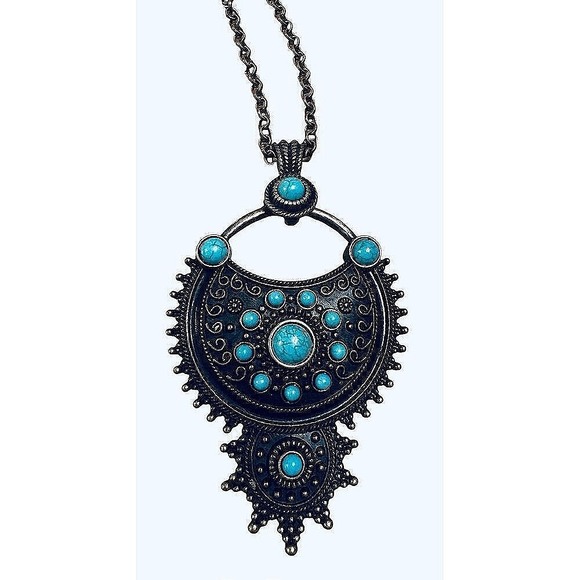 Boho‎ Turquoise Necklace Earrings Set Statement Pendant Bronze Adjustable Chain - Picture 4 of 4